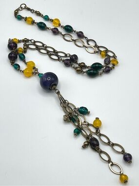 🌑Mardi Gras Purple Yellow Green Glass Beaded Necklace🌑